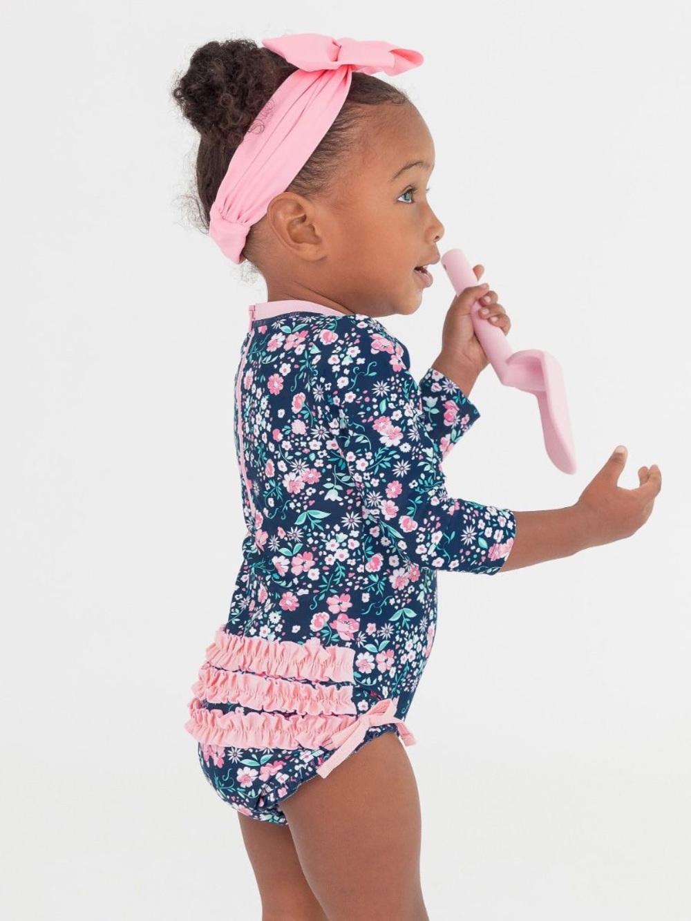 NWOT Ruffle Butts Girl Navy Floral Long-Sleeve Rashguard Bathing Suit
